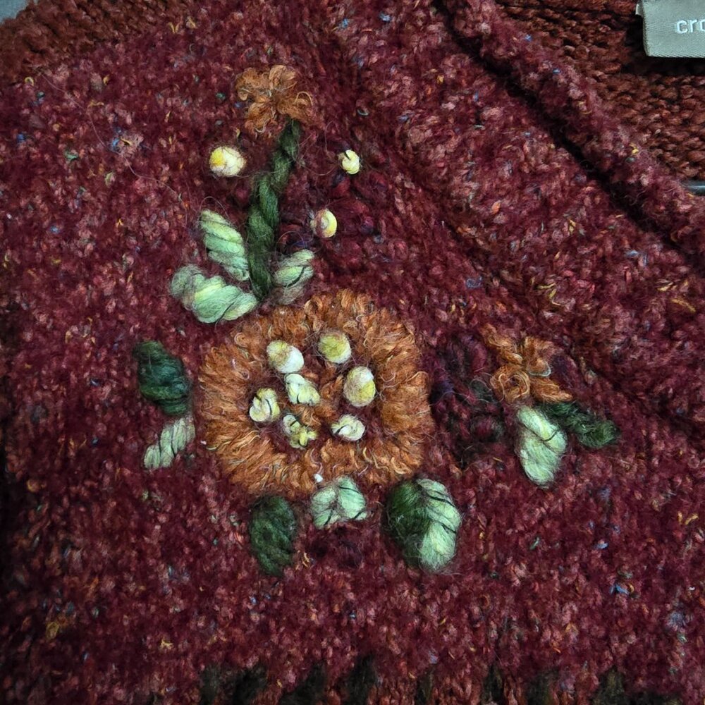 Vintage Croft & Barrow Maroon Knit Sweater Chunky Fall Floral Large Cozy Acrylic - Picture 2 of 10